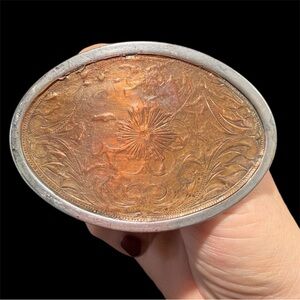 Vintage Western Belt Buckle Floral Scroll Design Nickel Plated and Copper Middle